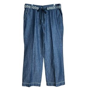 Talbots linen cotton blend wide leg blue pants with embroidered belt 14